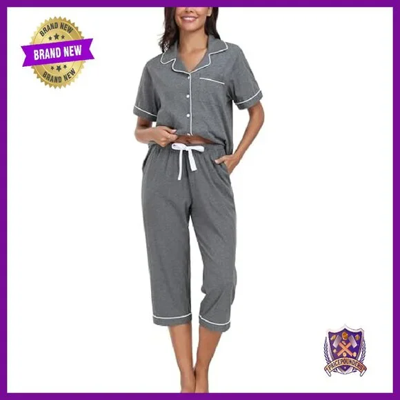 100% Cotton Pajama Set Short Sleeve Button Down Top Capri Pants